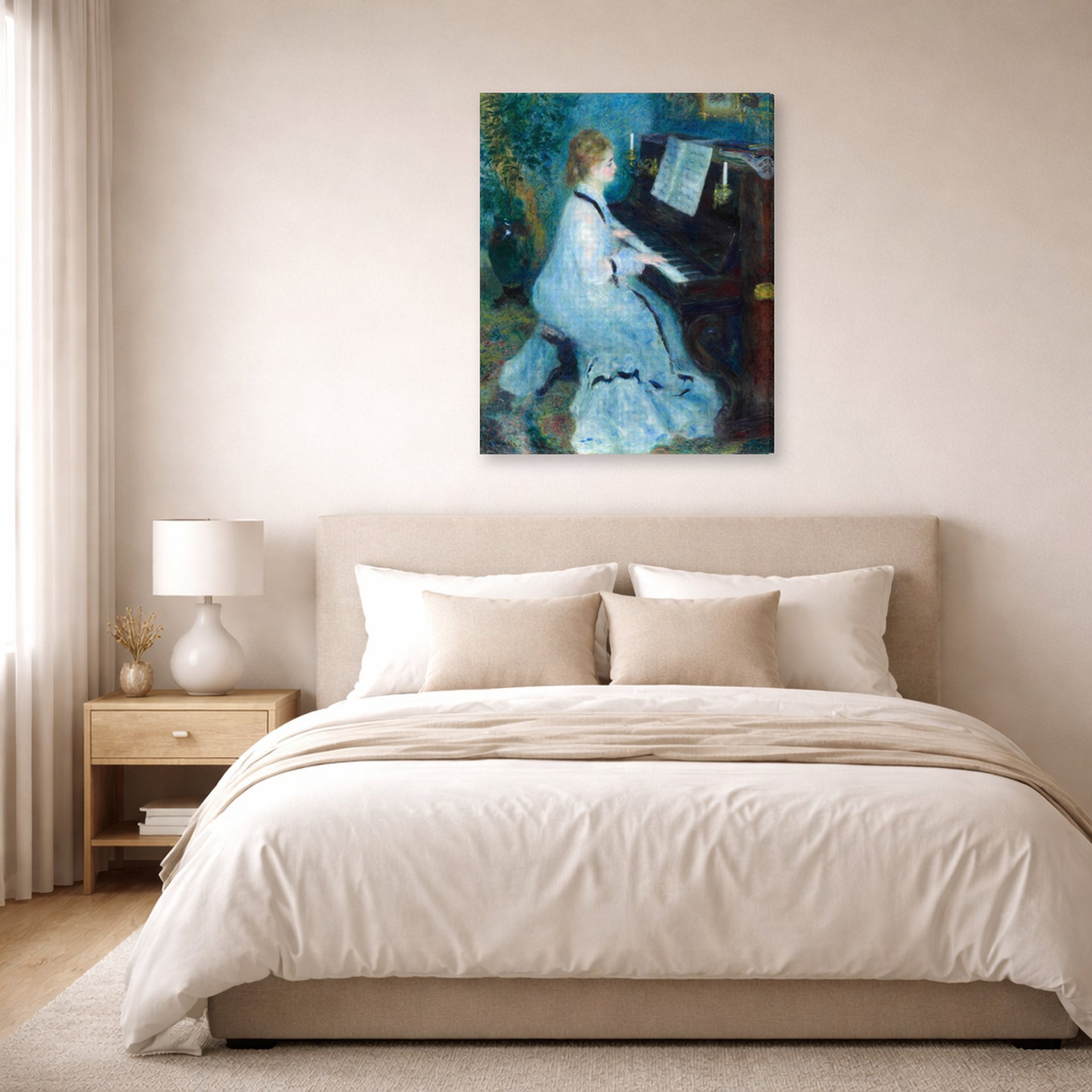 Gallery-wrapped canvas print of Pierre-Auguste Renoir's Woman at the Piano displayed on a wall in a bedroom