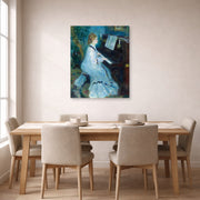 Gallery-wrapped canvas print of Pierre-Auguste Renoir's Woman at the Piano displayed on a wall in a dining room