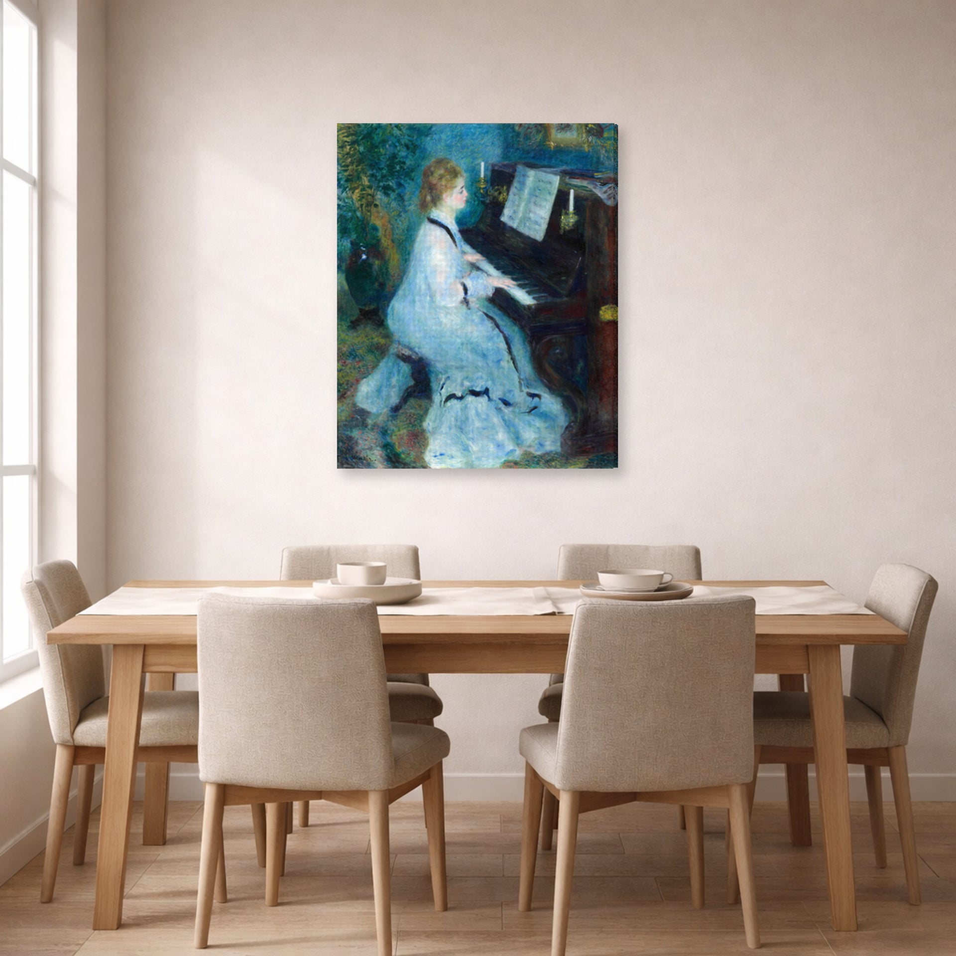 Gallery-wrapped canvas print of Pierre-Auguste Renoir's Woman at the Piano displayed on a wall in a dining room