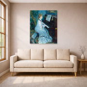 Gallery-wrapped canvas print of Pierre-Auguste Renoir's Woman at the Piano displayed on a wall in a living room