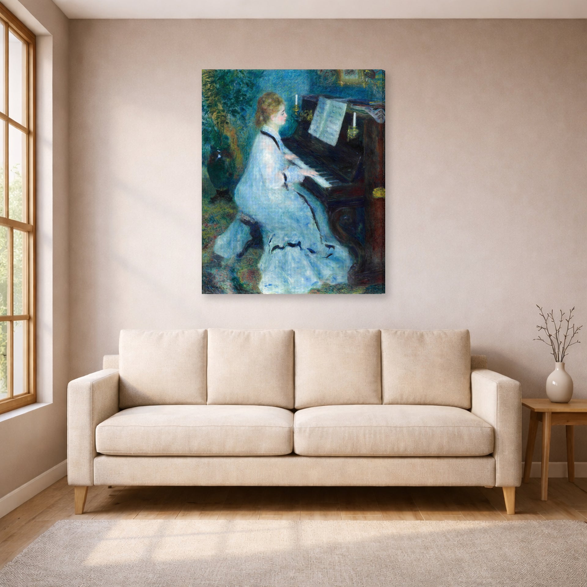Gallery-wrapped canvas print of Pierre-Auguste Renoir's Woman at the Piano displayed on a wall in a living room