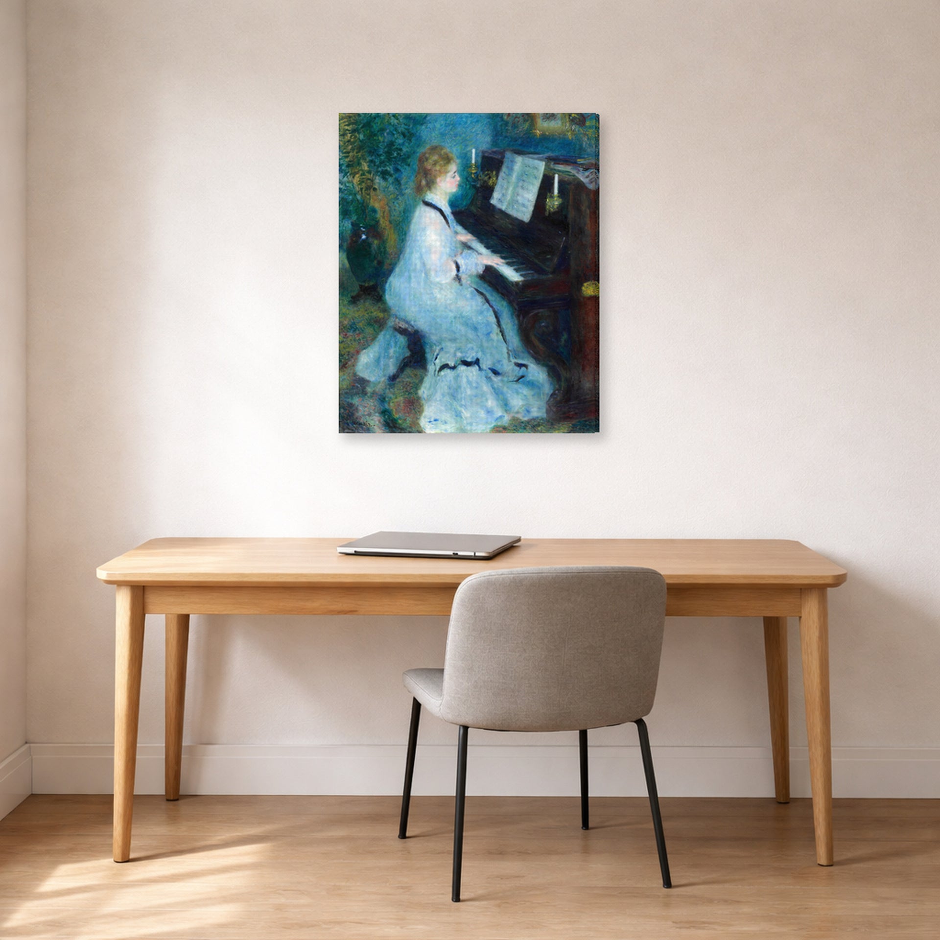 Gallery-wrapped canvas print of Pierre-Auguste Renoir's Woman at the Piano displayed on a wall in an office