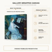 Pierre-Auguste Renoir - Woman at the Piano gallery wrap canvas construction and hanging details infographic