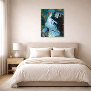 Unframed poster print of Pierre-Auguste Renoir's Woman at the Piano displayed on a wall in a bedroom