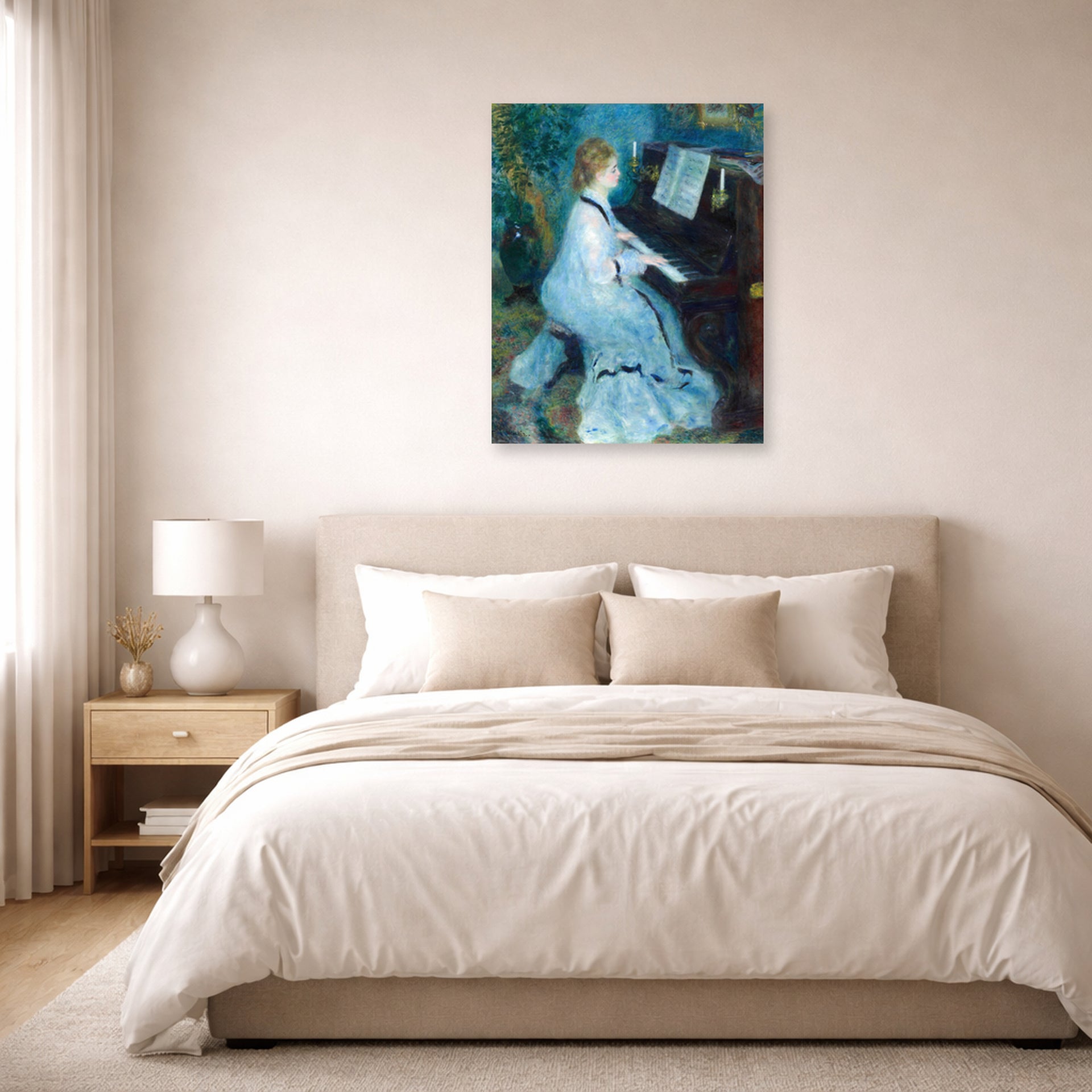 Unframed poster print of Pierre-Auguste Renoir's Woman at the Piano displayed on a wall in a bedroom