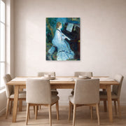 Unframed poster print of Pierre-Auguste Renoir's Woman at the Piano displayed on a wall in a dining room
