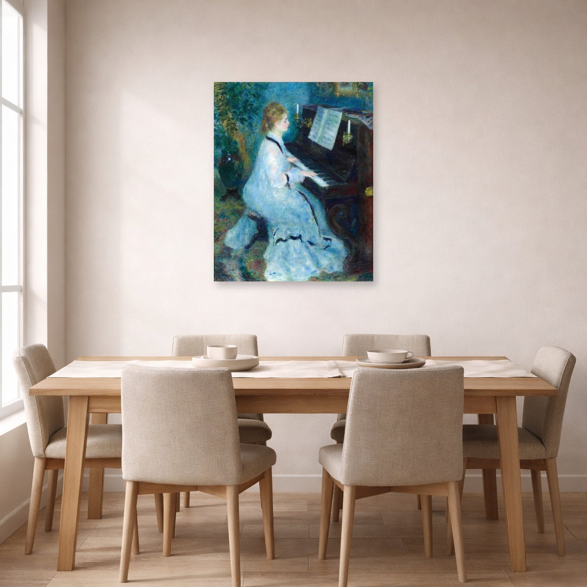 Unframed poster print of Pierre-Auguste Renoir's Woman at the Piano displayed on a wall in a dining room