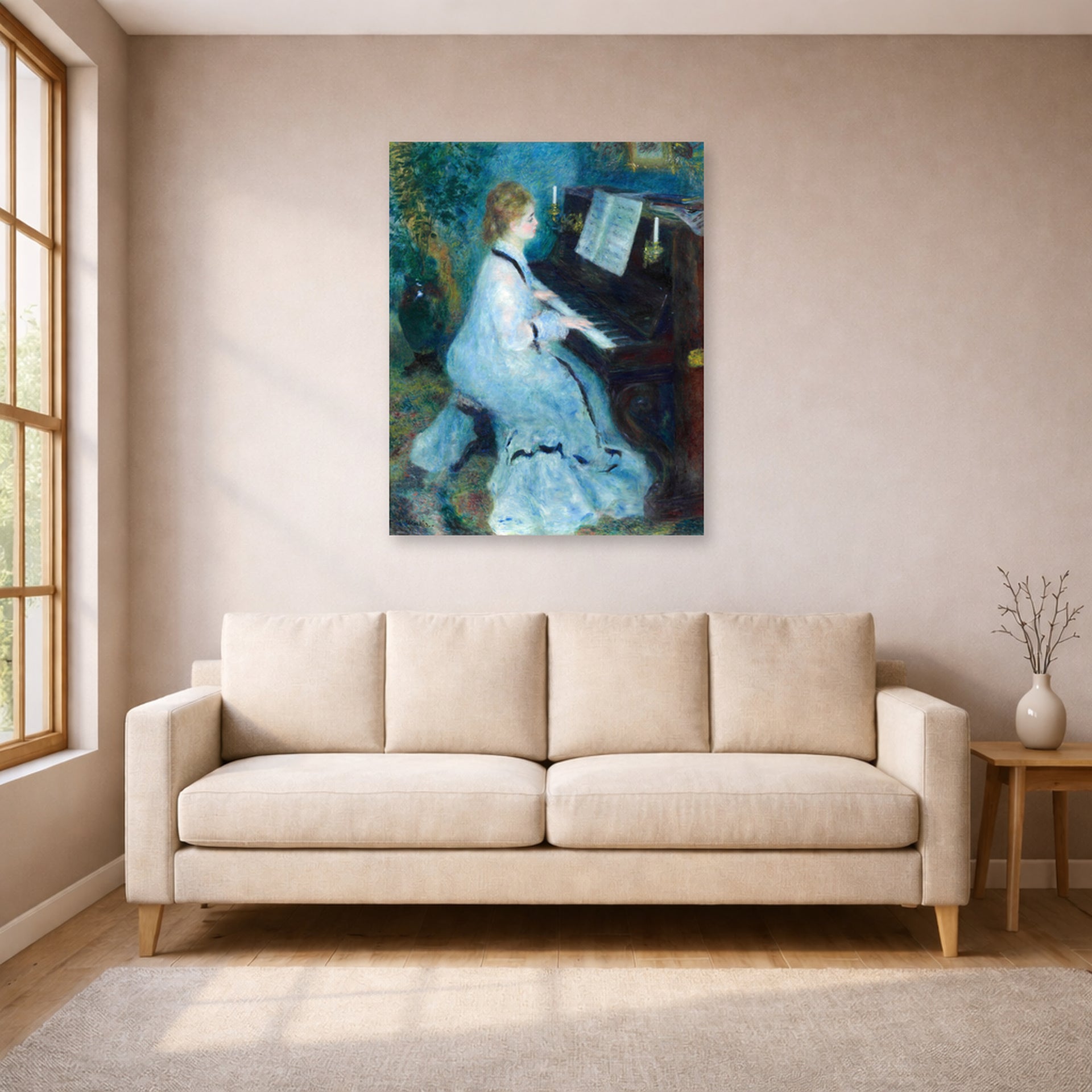 Unframed poster print of Pierre-Auguste Renoir's Woman at the Piano displayed on a wall in a living room