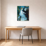 Unframed poster print of Pierre-Auguste Renoir's Woman at the Piano displayed on a wall in an office