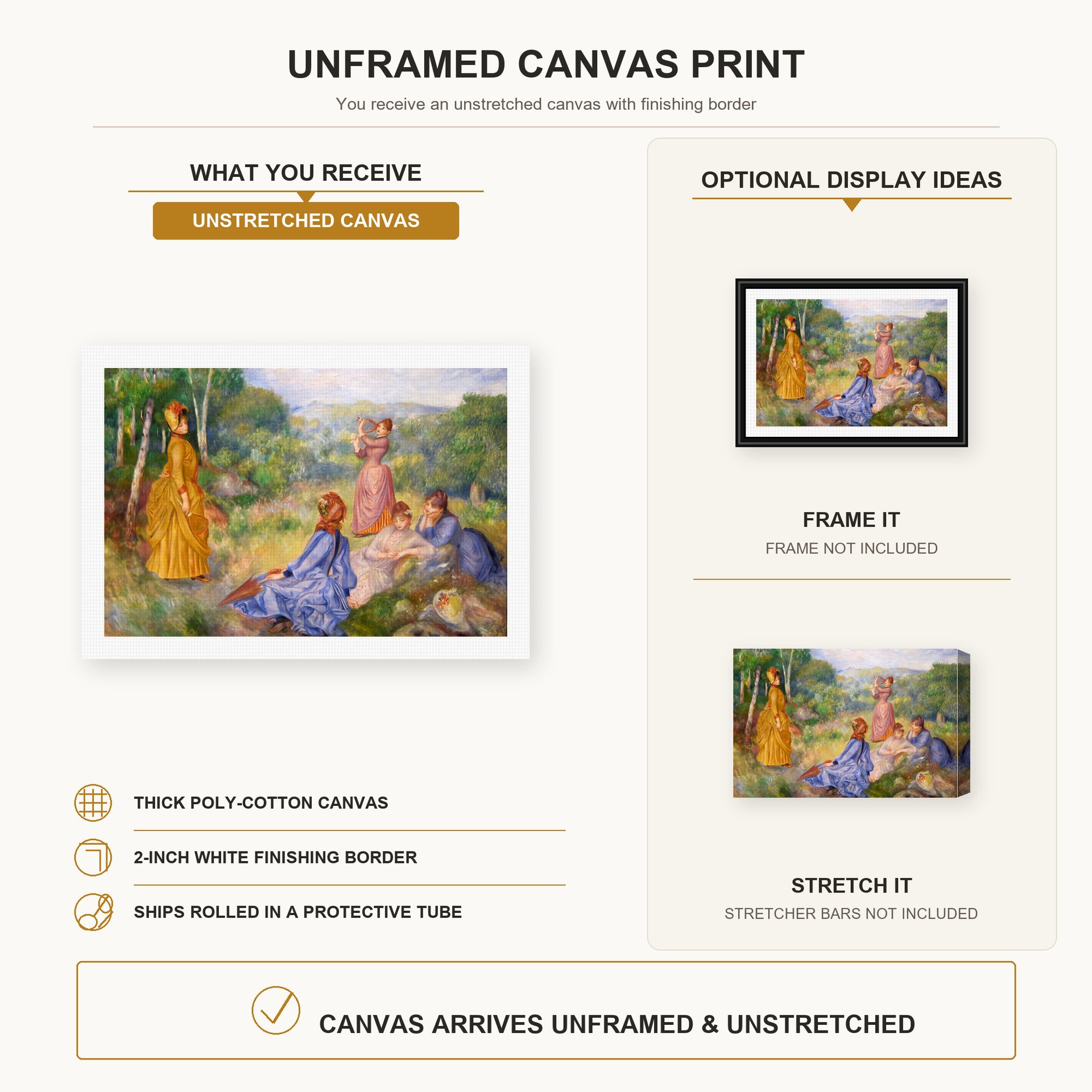 Pierre-Auguste Renoir - Young Ladies Playing Badminton canvas print size comparison and framing display infographic