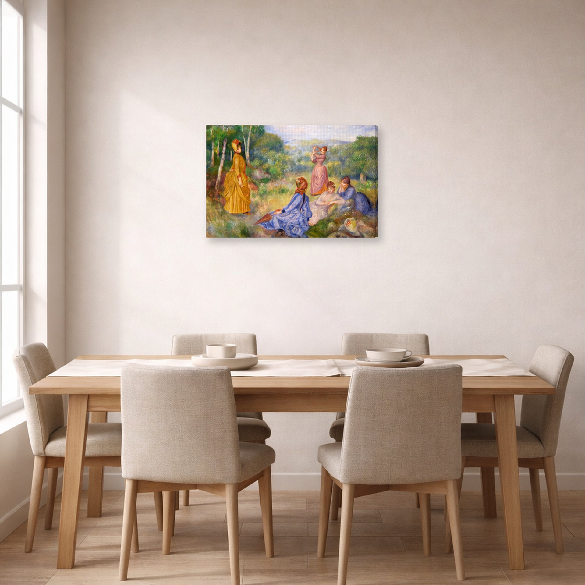 Gallery-wrapped canvas print of Pierre-Auguste Renoir's Young Ladies Playing Badminton displayed on a wall in a dining room