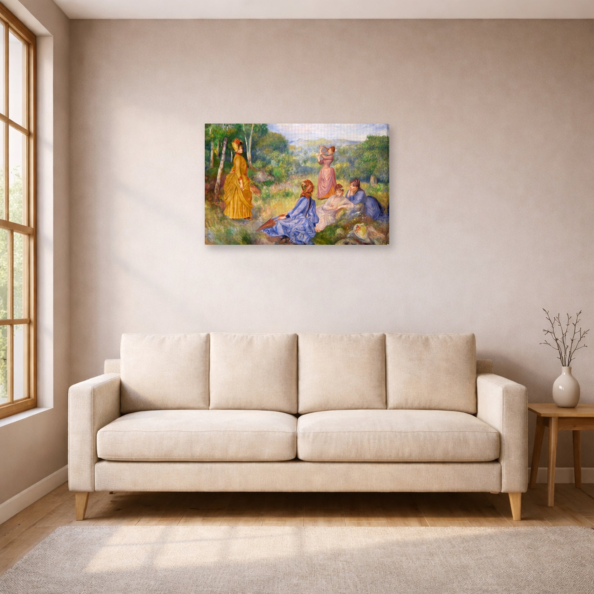 Gallery-wrapped canvas print of Pierre-Auguste Renoir's Young Ladies Playing Badminton displayed on a wall in a living room