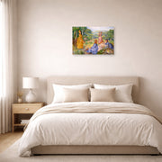 Unframed poster print of Pierre-Auguste Renoir's Young Ladies Playing Badminton displayed on a wall in a bedroom