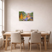 Unframed poster print of Pierre-Auguste Renoir's Young Ladies Playing Badminton displayed on a wall in a dining room
