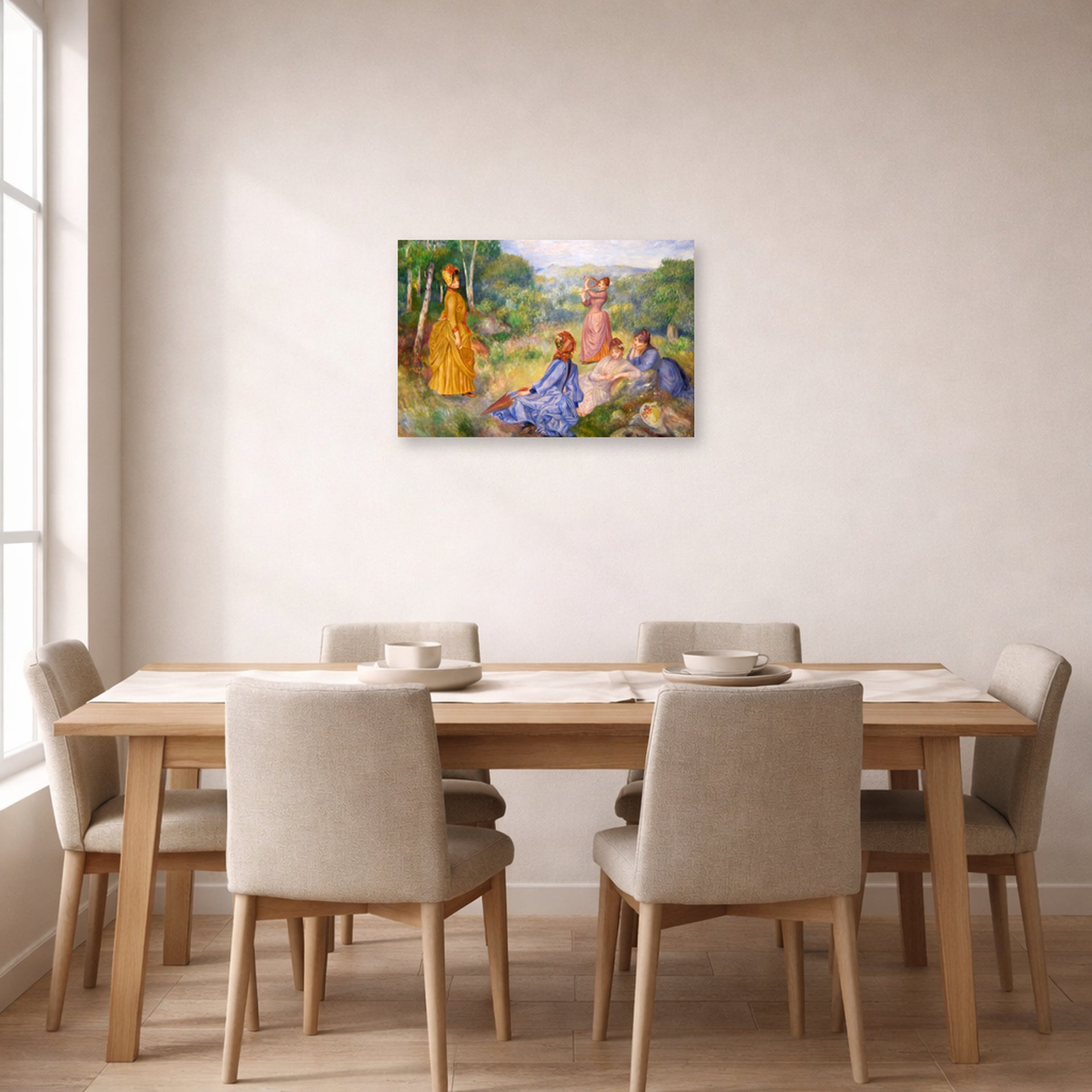 Unframed poster print of Pierre-Auguste Renoir's Young Ladies Playing Badminton displayed on a wall in a dining room