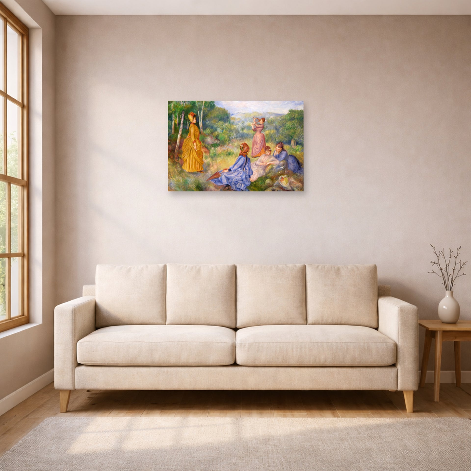 Unframed poster print of Pierre-Auguste Renoir's Young Ladies Playing Badminton displayed on a wall in a living room