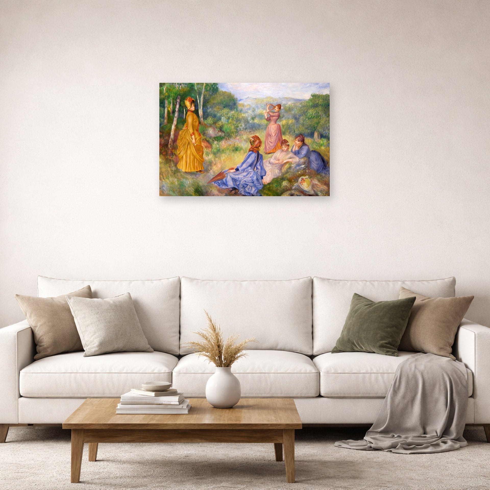 Unframed poster print of Pierre-Auguste Renoir's Young Ladies Playing Badminton displayed on a wall in a living room
