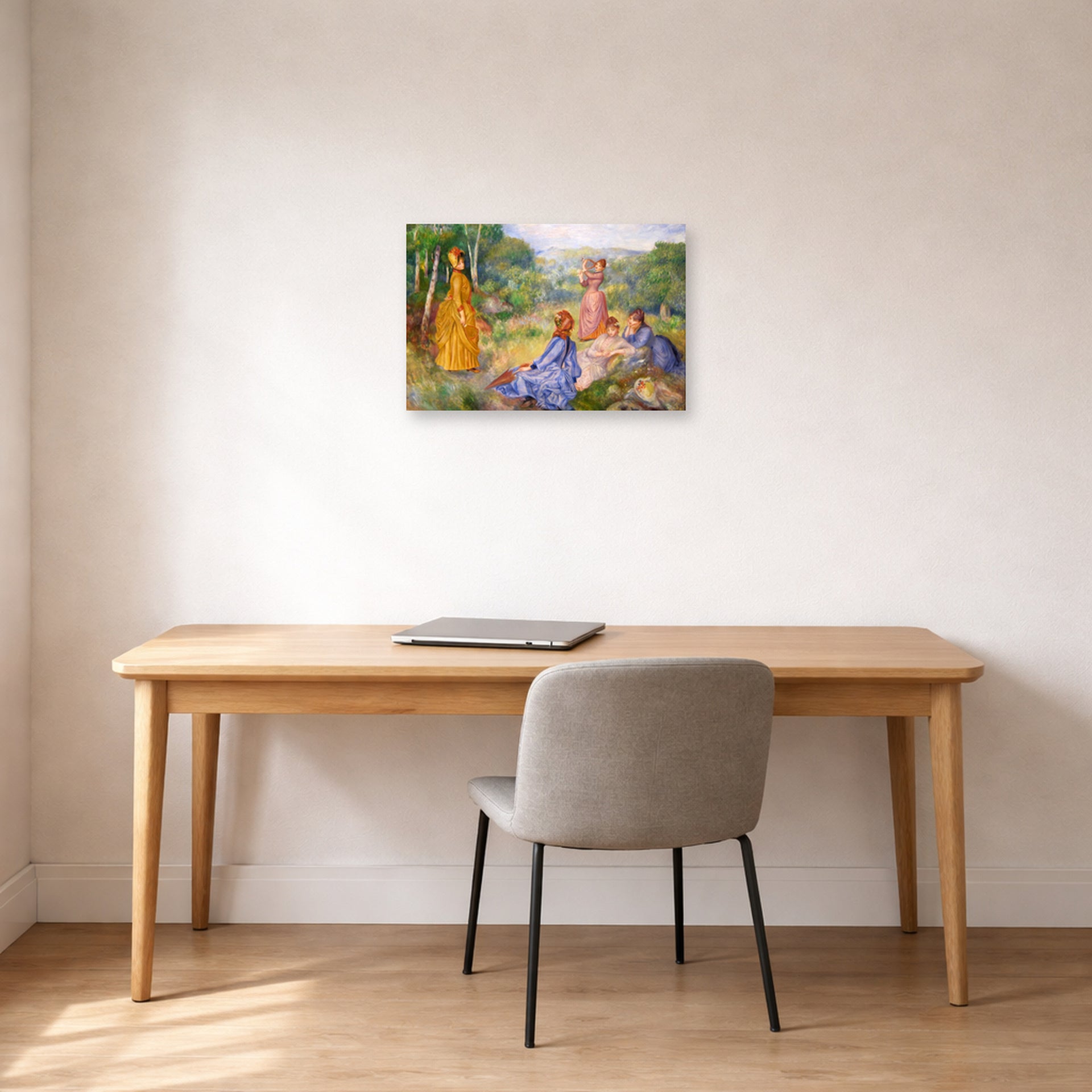 Unframed poster print of Pierre-Auguste Renoir's Young Ladies Playing Badminton displayed on a wall in an office