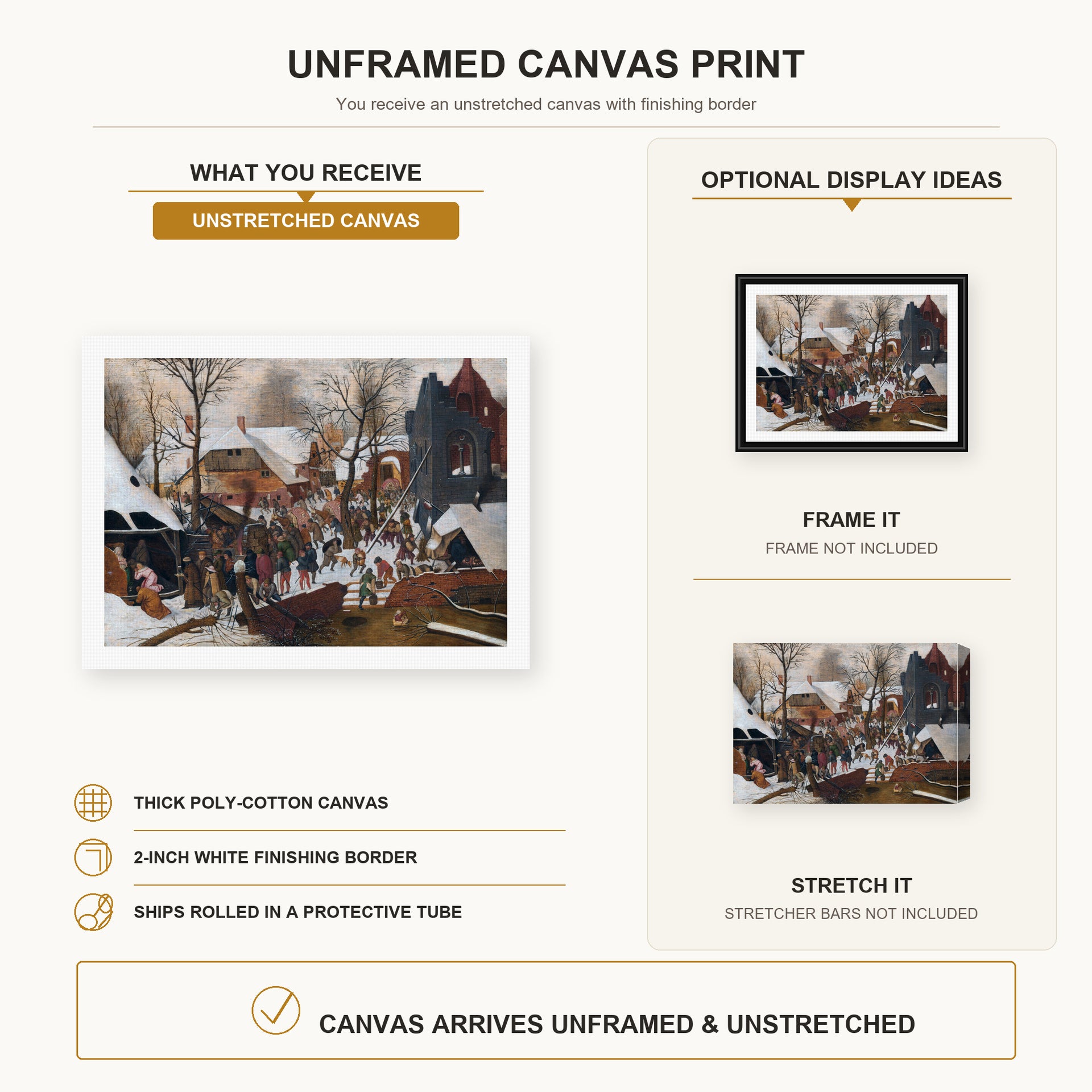 Pieter Bruegel the Elder - Adoration of the Kings in the Snow canvas print size comparison and framing display infographic