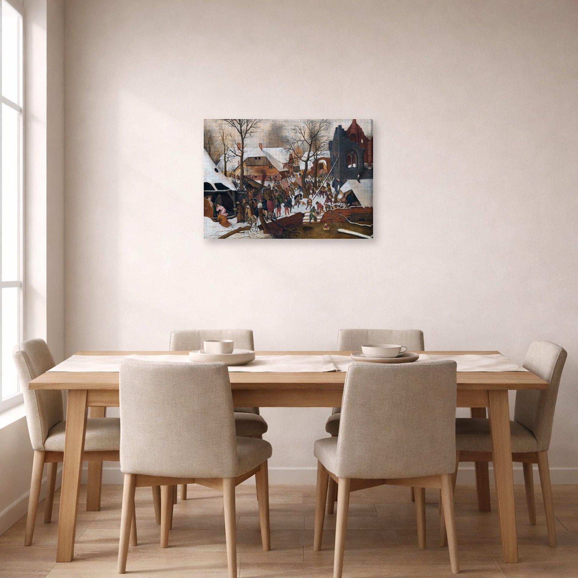 Gallery-wrapped canvas print of Pieter Bruegel the Elder's Adoration of the Kings in the Snow displayed on a wall in a dining room