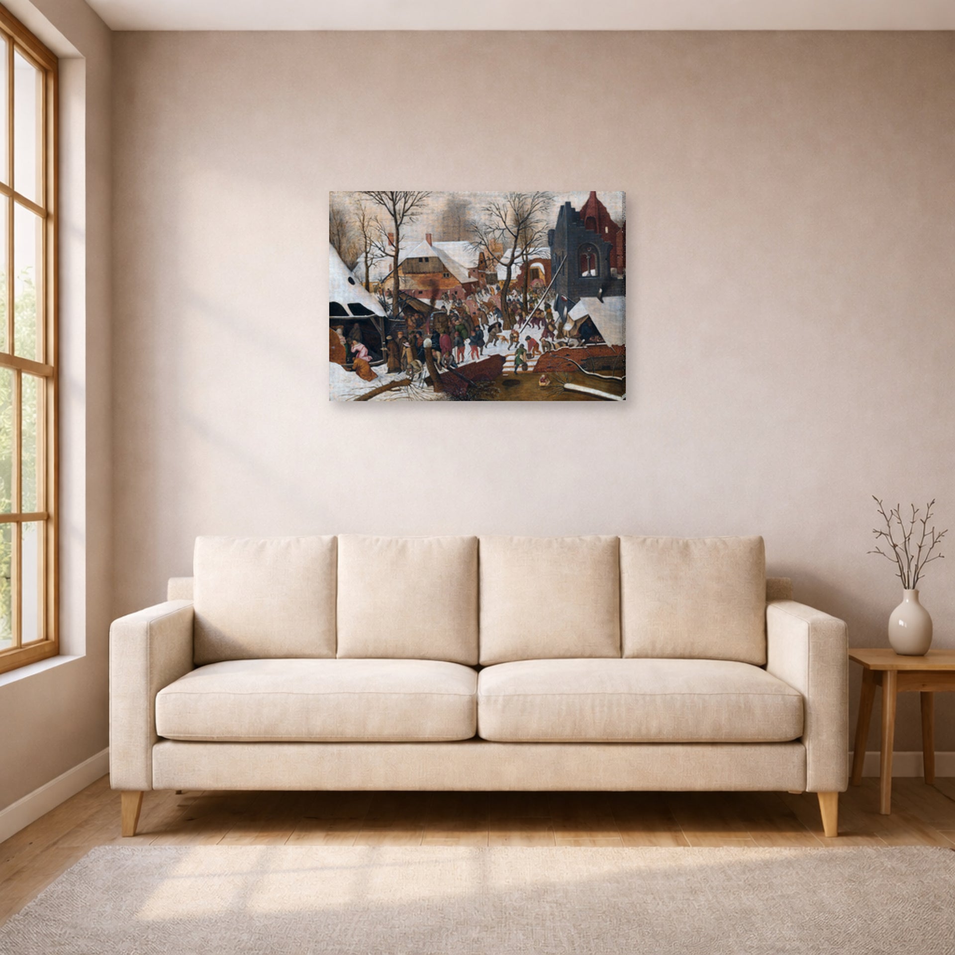 Gallery-wrapped canvas print of Pieter Bruegel the Elder's Adoration of the Kings in the Snow displayed on a wall in a living room