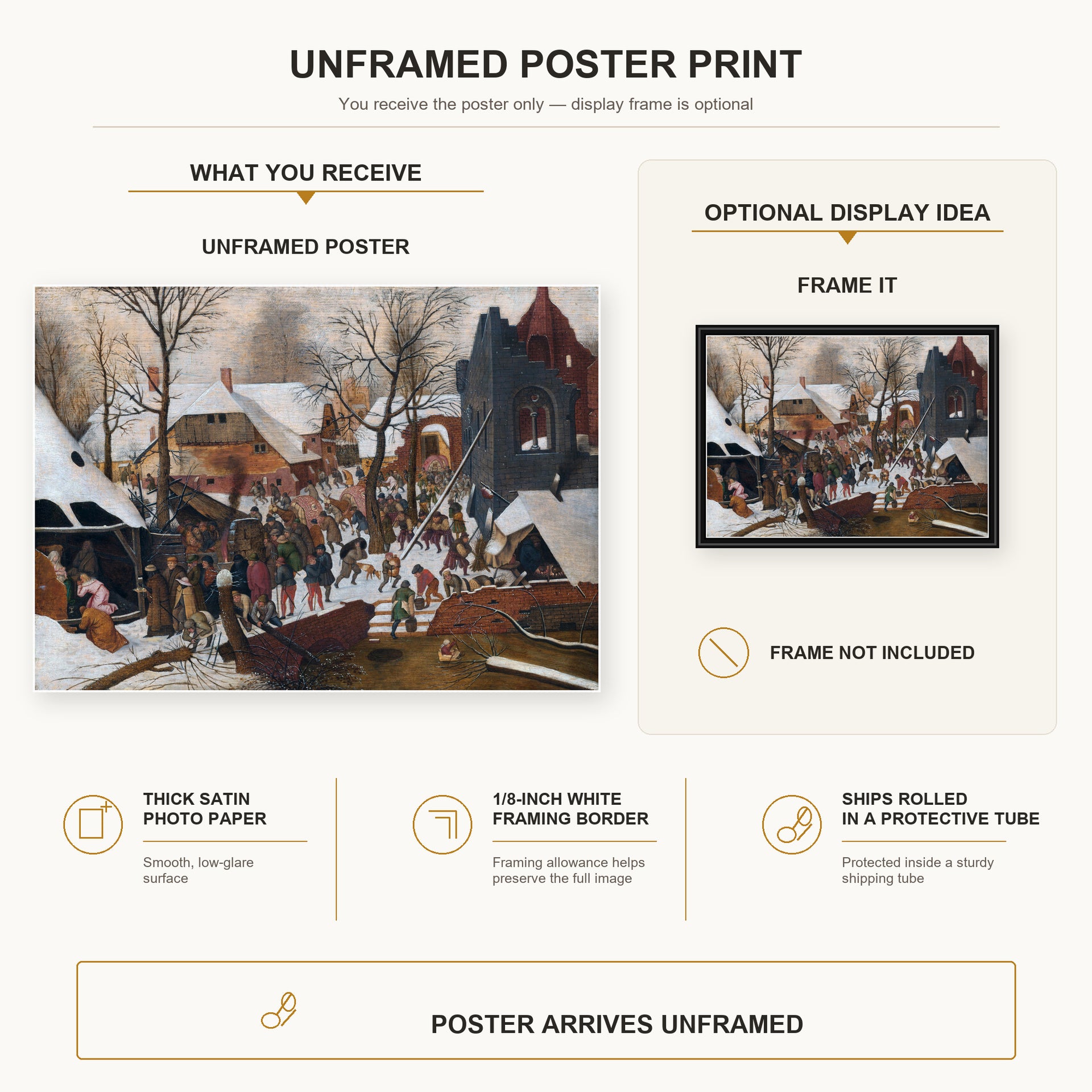 Pieter Bruegel the Elder - Adoration of the Kings in the Snow poster print size comparison and framing display infographic