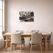 Unframed poster print of Pieter Bruegel the Elder's Adoration of the Kings in the Snow displayed on a wall in a dining room