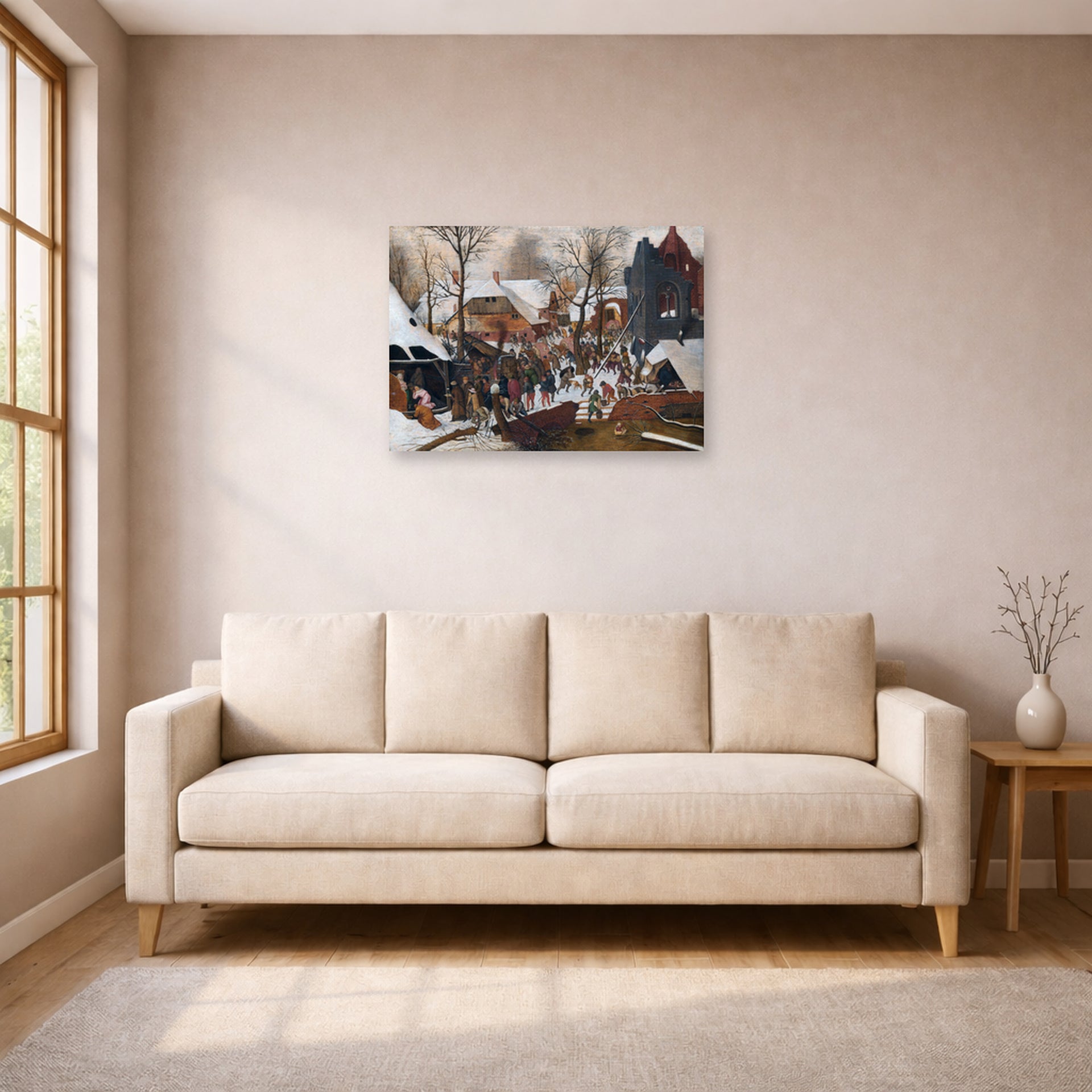 Unframed poster print of Pieter Bruegel the Elder's Adoration of the Kings in the Snow displayed on a wall in a living room