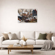 Unframed poster print of Pieter Bruegel the Elder's Adoration of the Kings in the Snow displayed on a wall in a living room