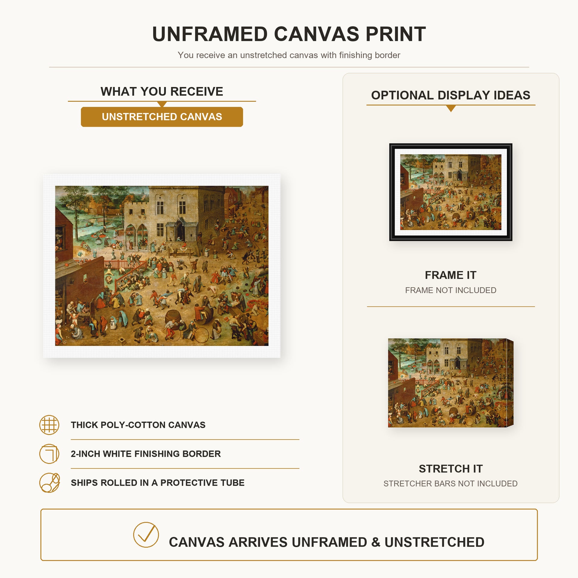 Pieter Bruegel the Elder - Children’s Games canvas print size comparison and framing display infographic