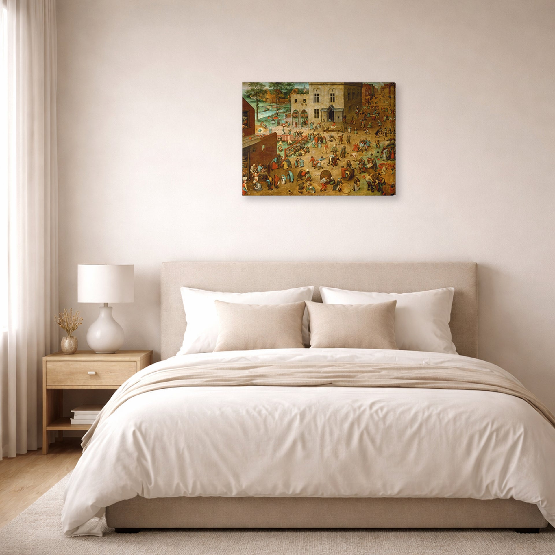 Gallery-wrapped canvas print of Pieter Bruegel the Elder's Children’s Games displayed on a wall in a bedroom