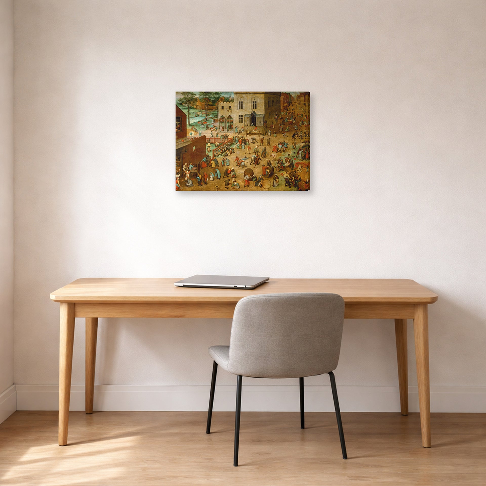Gallery-wrapped canvas print of Pieter Bruegel the Elder's Children’s Games displayed on a wall in a home office
