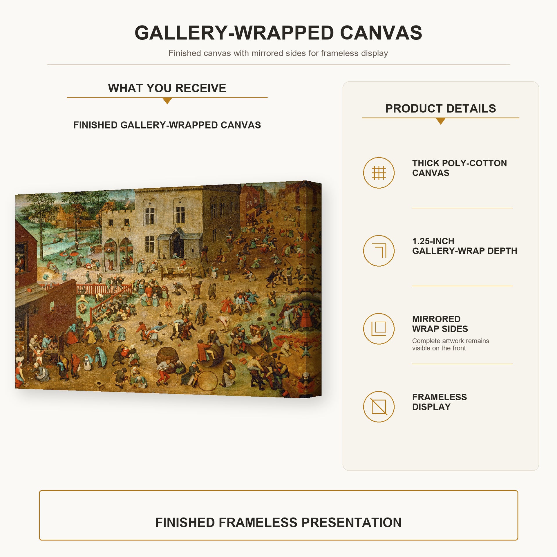 Pieter Bruegel the Elder - Children’s Games gallery wrap canvas construction and hanging details infographic