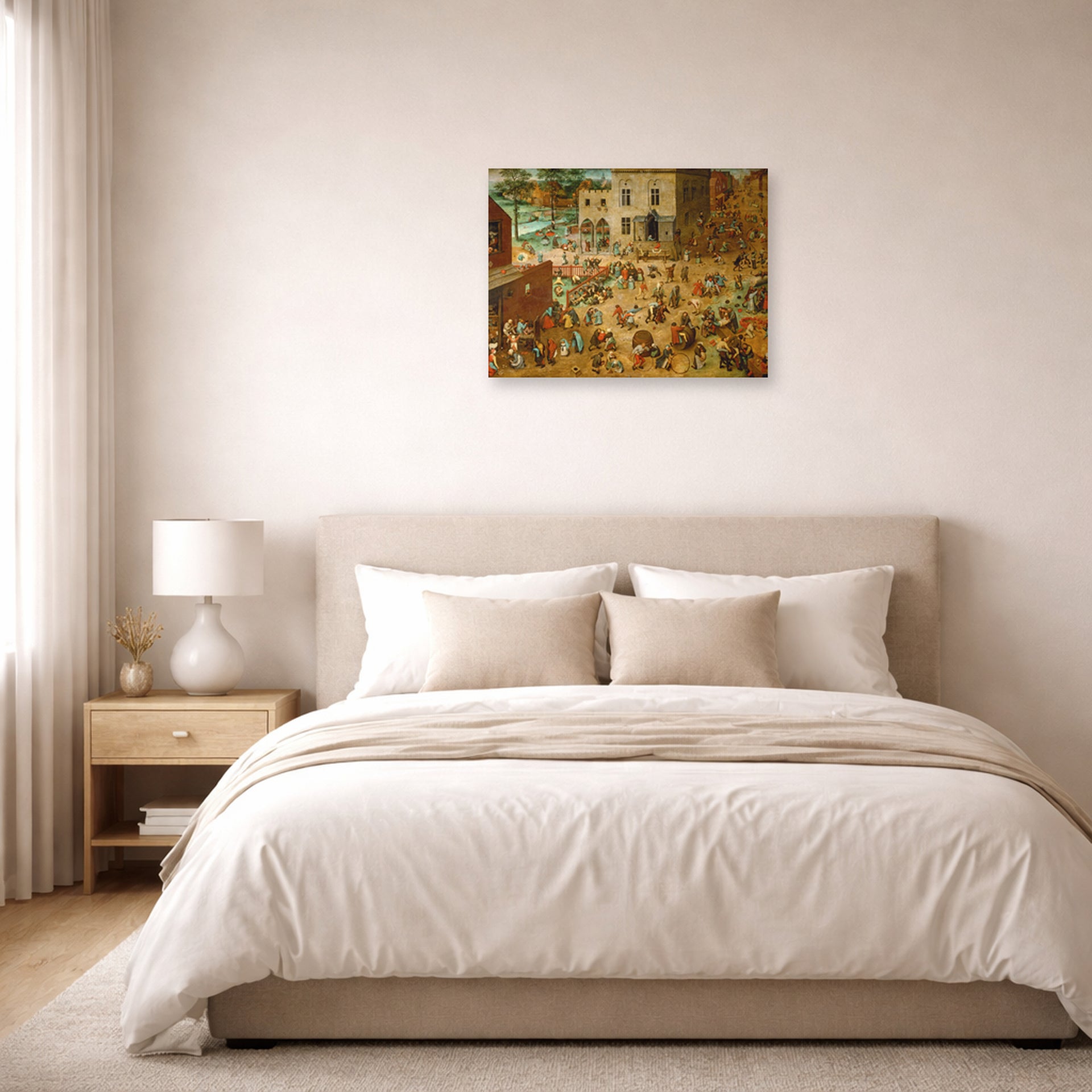 Unframed poster print of Pieter Bruegel the Elder's Children’s Games displayed on a wall in a bedroom