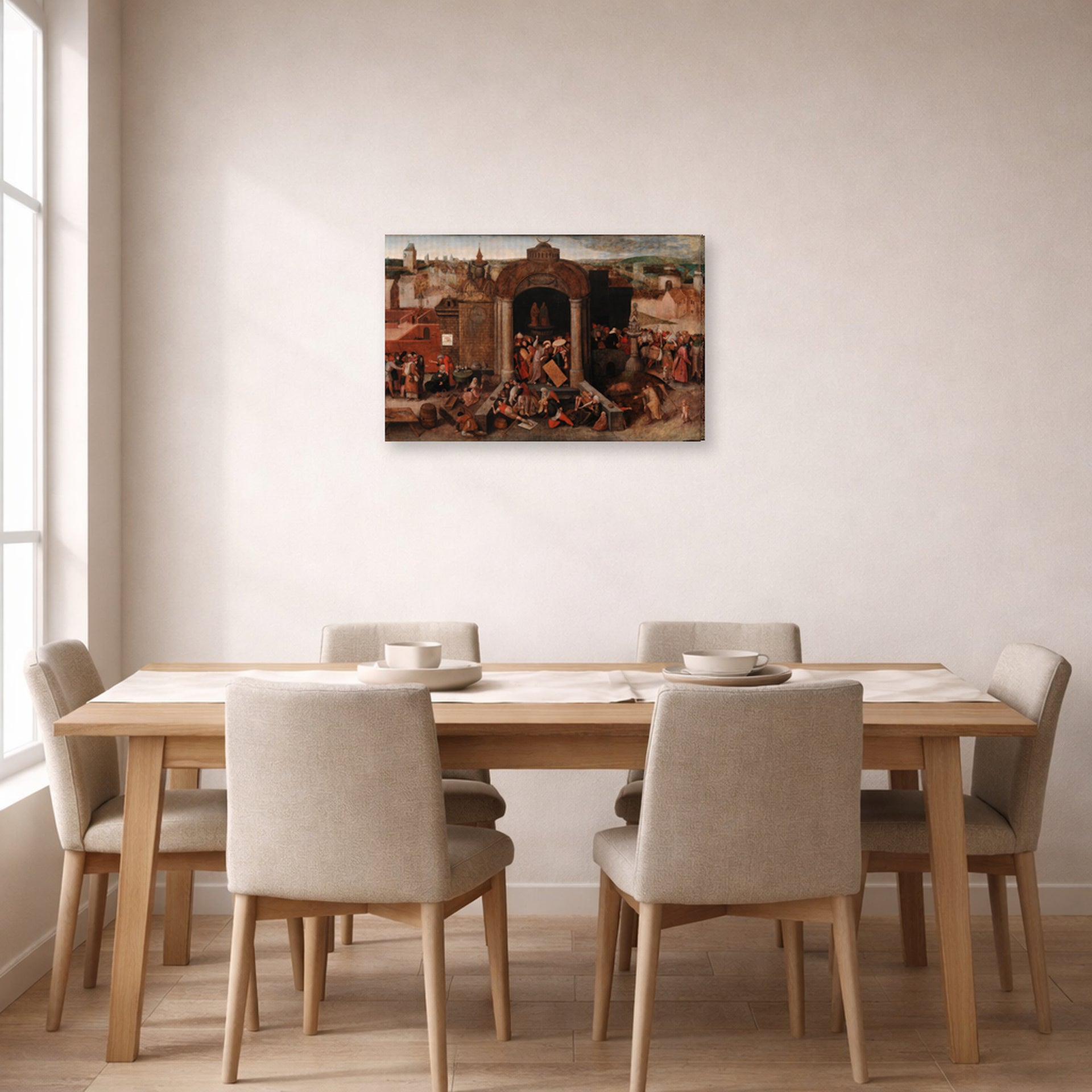 Gallery-wrapped canvas print of Pieter Bruegel the Elder's Christ Driving the Traders from the Temple displayed on a wall in a dining room