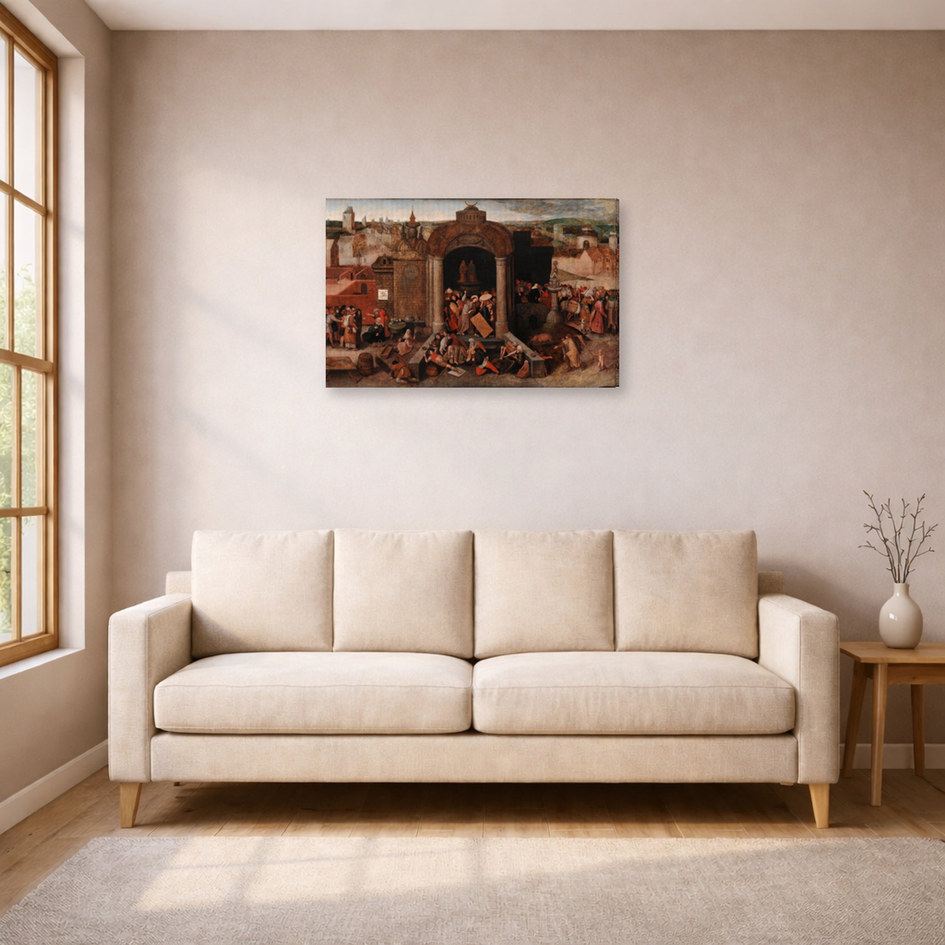 Gallery-wrapped canvas print of Pieter Bruegel the Elder's Christ Driving the Traders from the Temple displayed on a wall in a living room