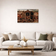 Gallery-wrapped canvas print of Pieter Bruegel the Elder's Christ Driving the Traders from the Temple displayed on a wall in a living room