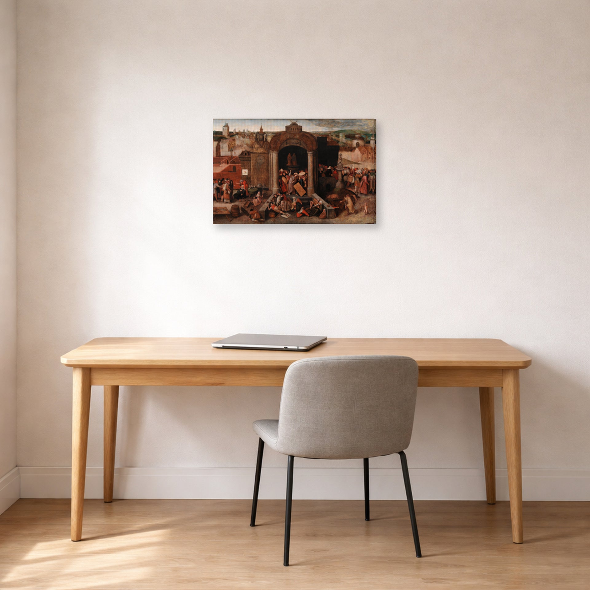Gallery-wrapped canvas print of Pieter Bruegel the Elder's Christ Driving the Traders from the Temple displayed on a wall in a home office