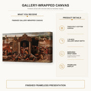 Pieter Bruegel the Elder - Christ Driving the Traders from the Temple gallery wrap canvas construction and hanging details infographic