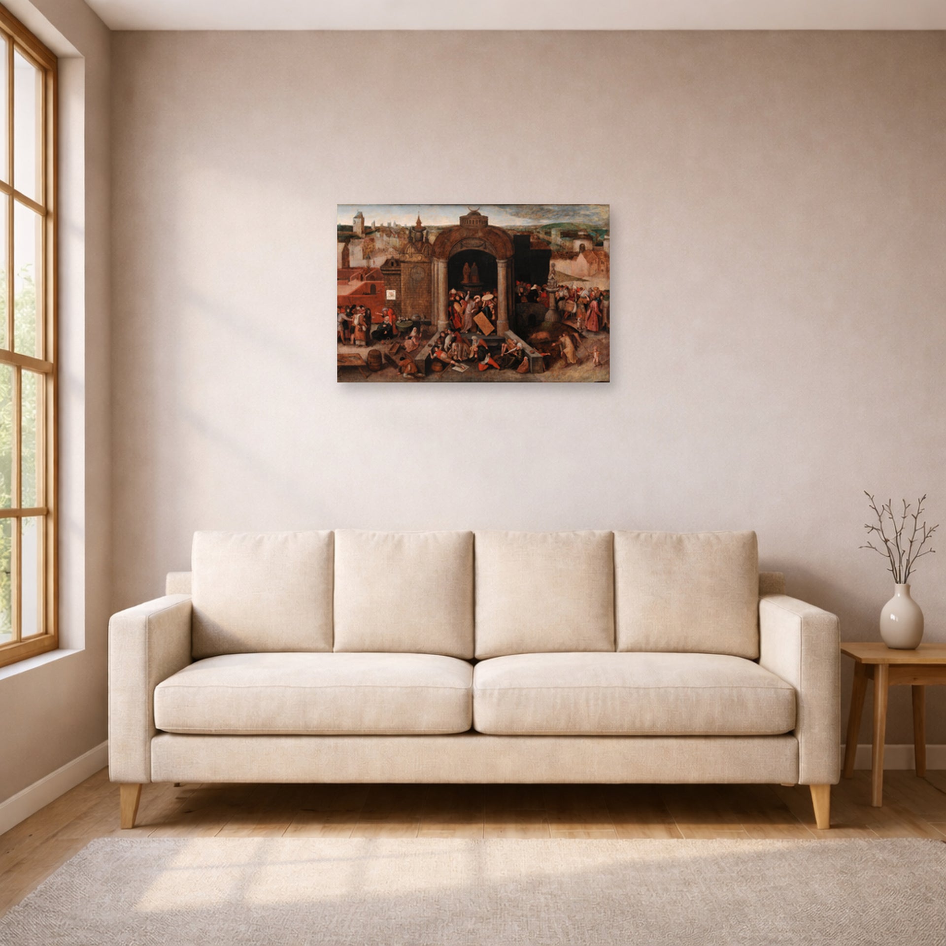 Unframed poster print of Pieter Bruegel the Elder's Christ Driving the Traders from the Temple displayed on a wall in a living room