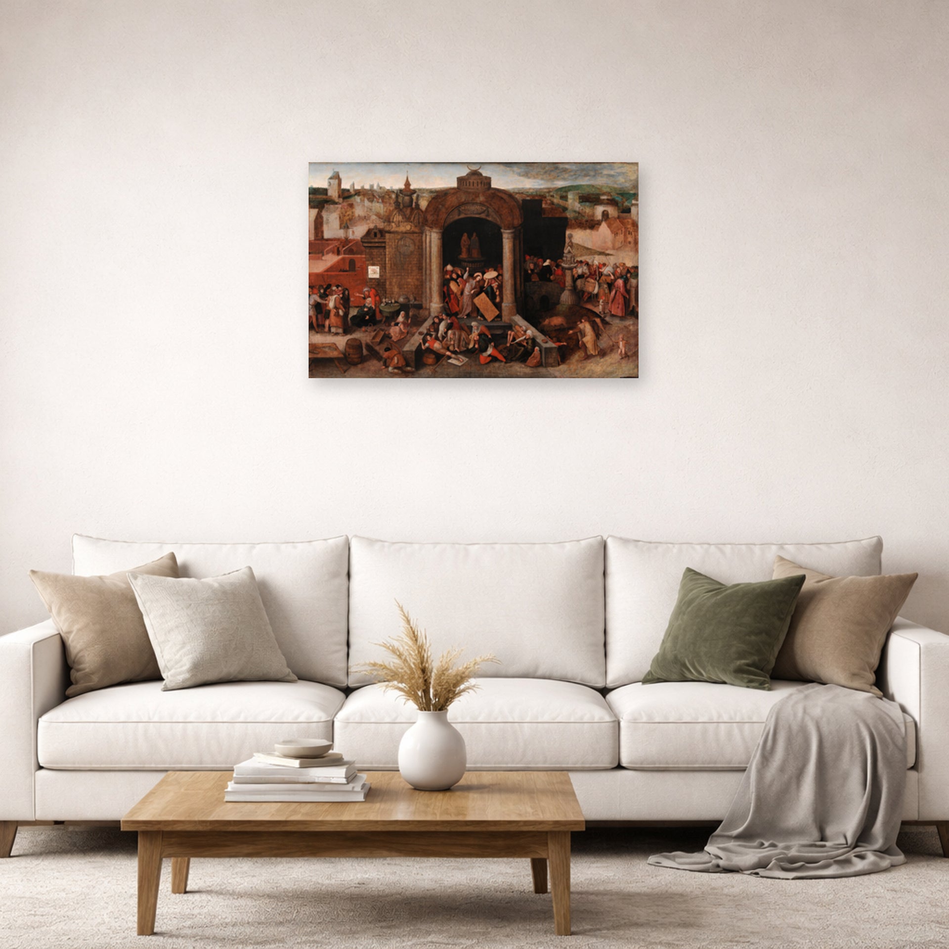 Unframed poster print of Pieter Bruegel the Elder's Christ Driving the Traders from the Temple displayed on a wall in a living room