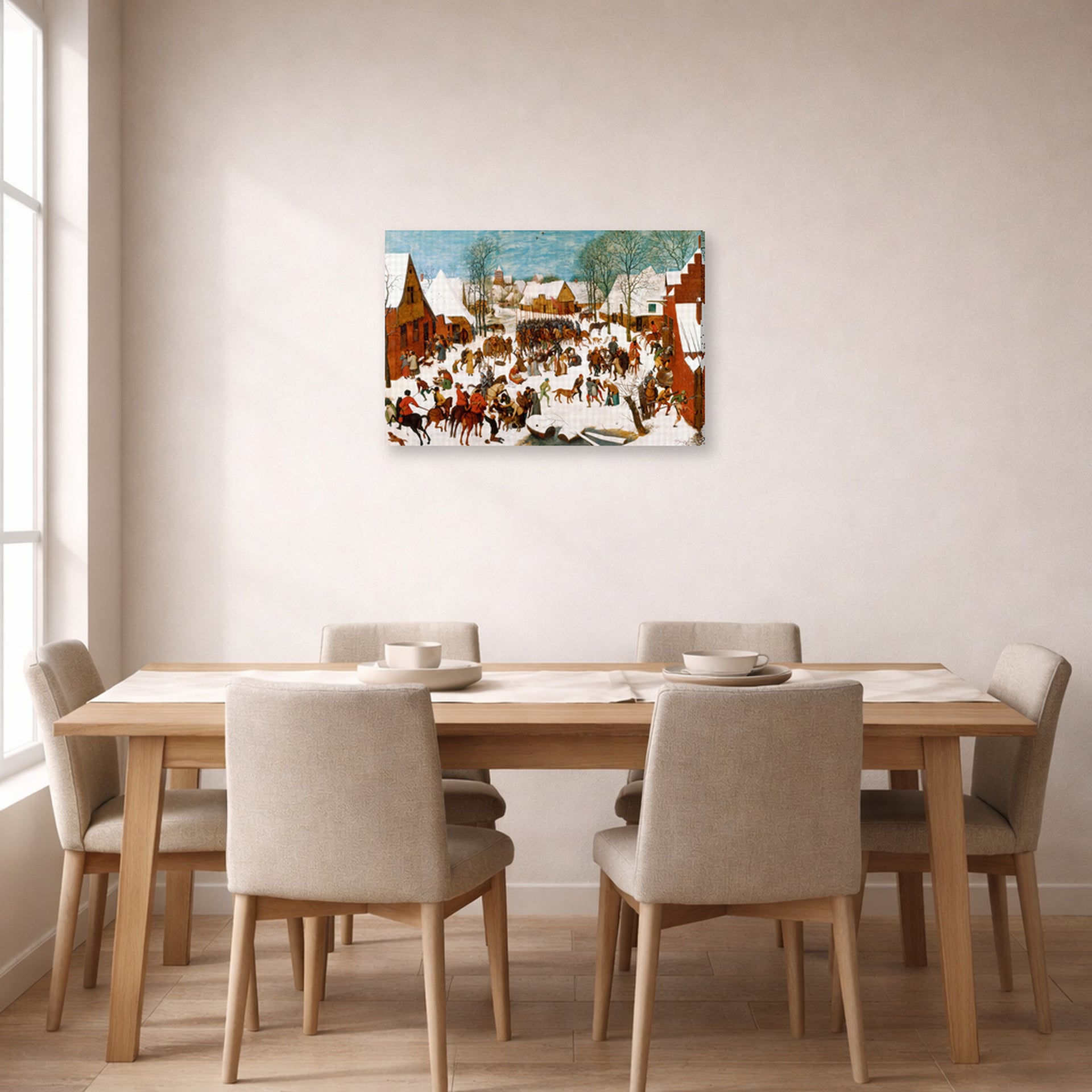 Gallery-wrapped canvas print of Pieter Bruegel the Elder's Massacre of the Innocents displayed on a wall in a dining room