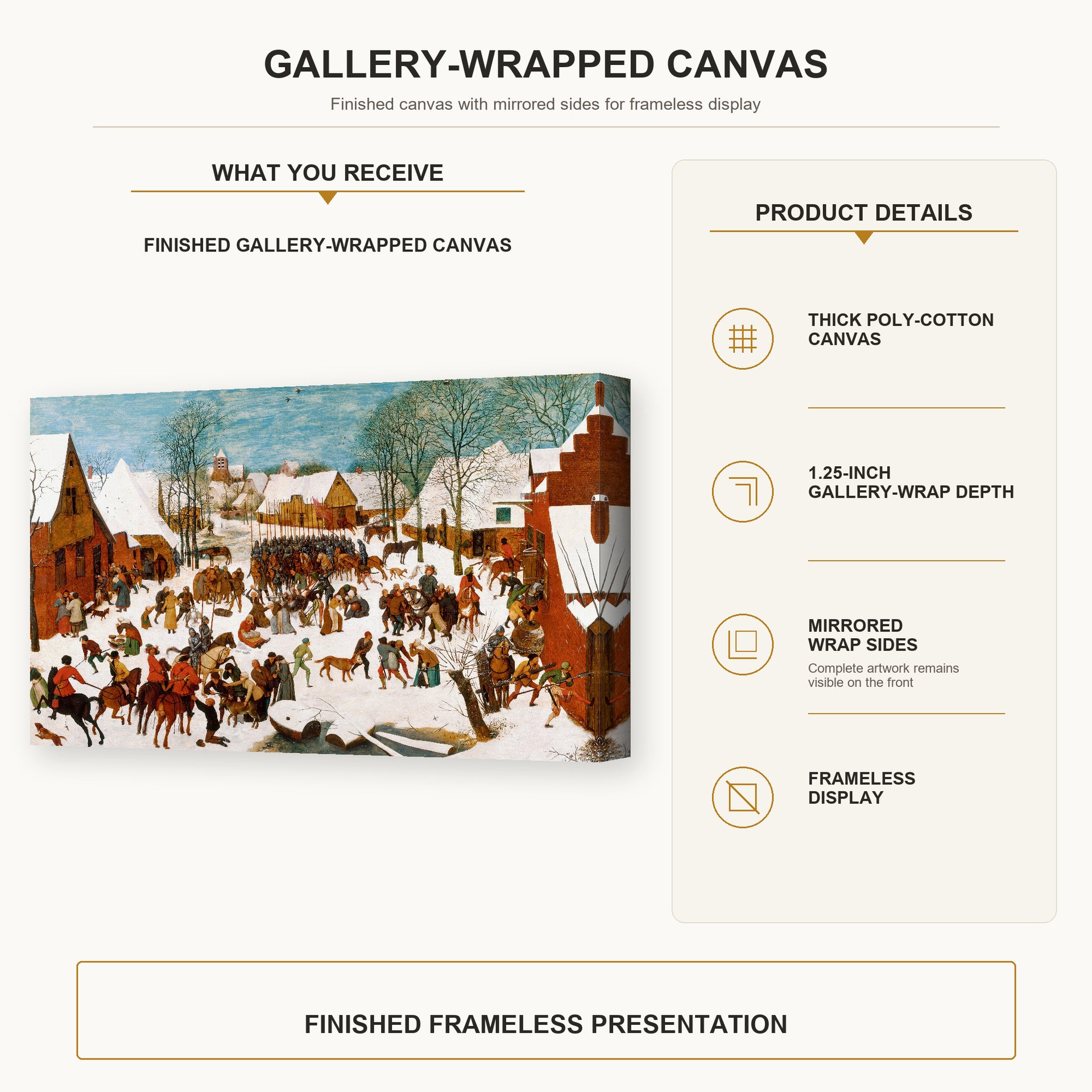 Pieter Bruegel the Elder - Massacre of the Innocents gallery wrap canvas construction and hanging details infographic