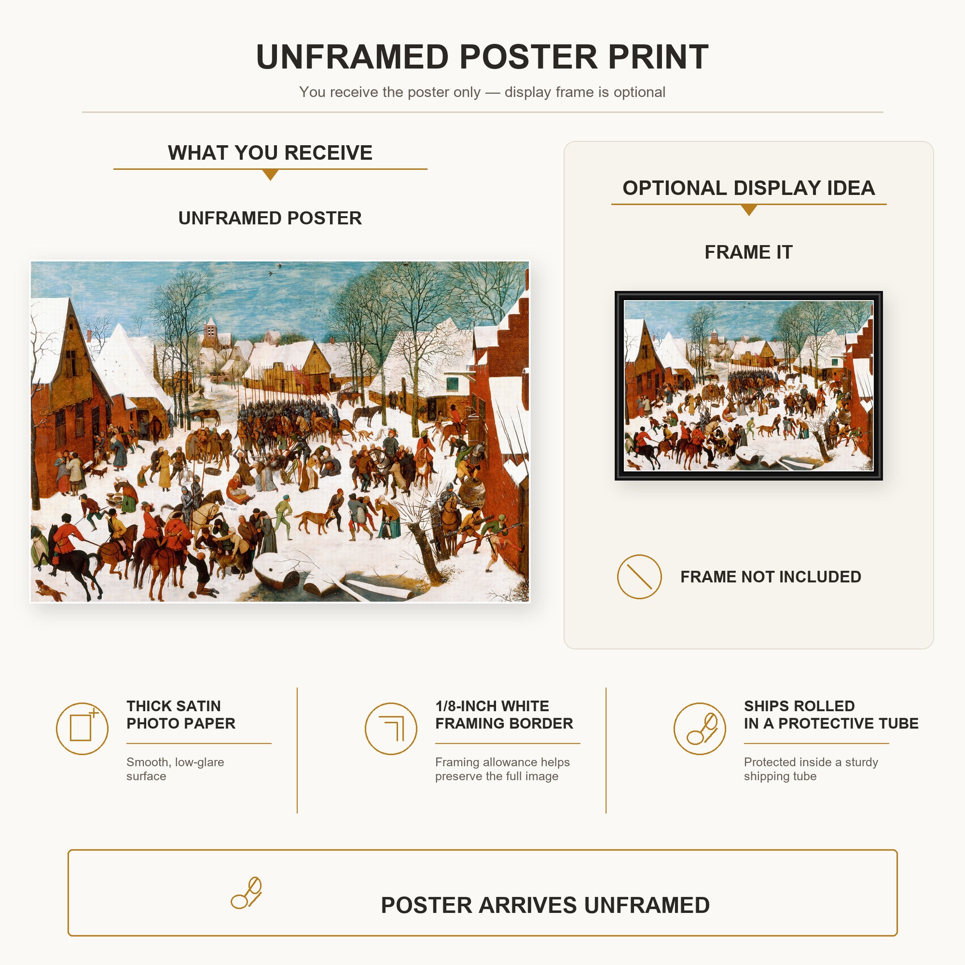 Pieter Bruegel the Elder - Massacre of the Innocents poster print size comparison and framing display infographic