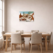 Unframed poster print of Pieter Bruegel the Elder's Massacre of the Innocents displayed on a wall in a dining room