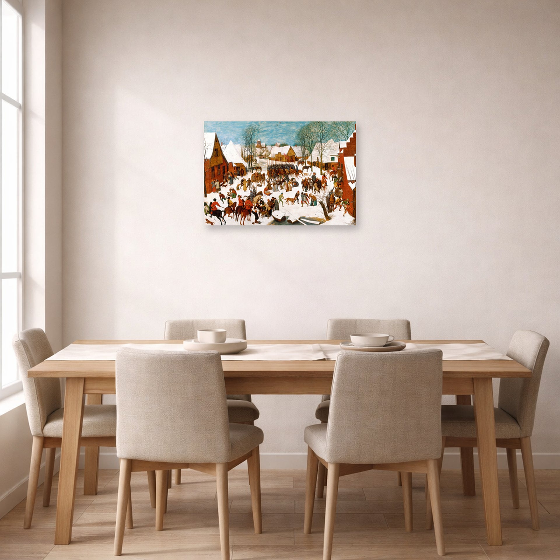 Unframed poster print of Pieter Bruegel the Elder's Massacre of the Innocents displayed on a wall in a dining room