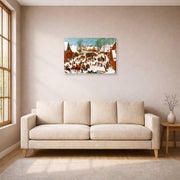 Unframed poster print of Pieter Bruegel the Elder's Massacre of the Innocents displayed on a wall in a living room