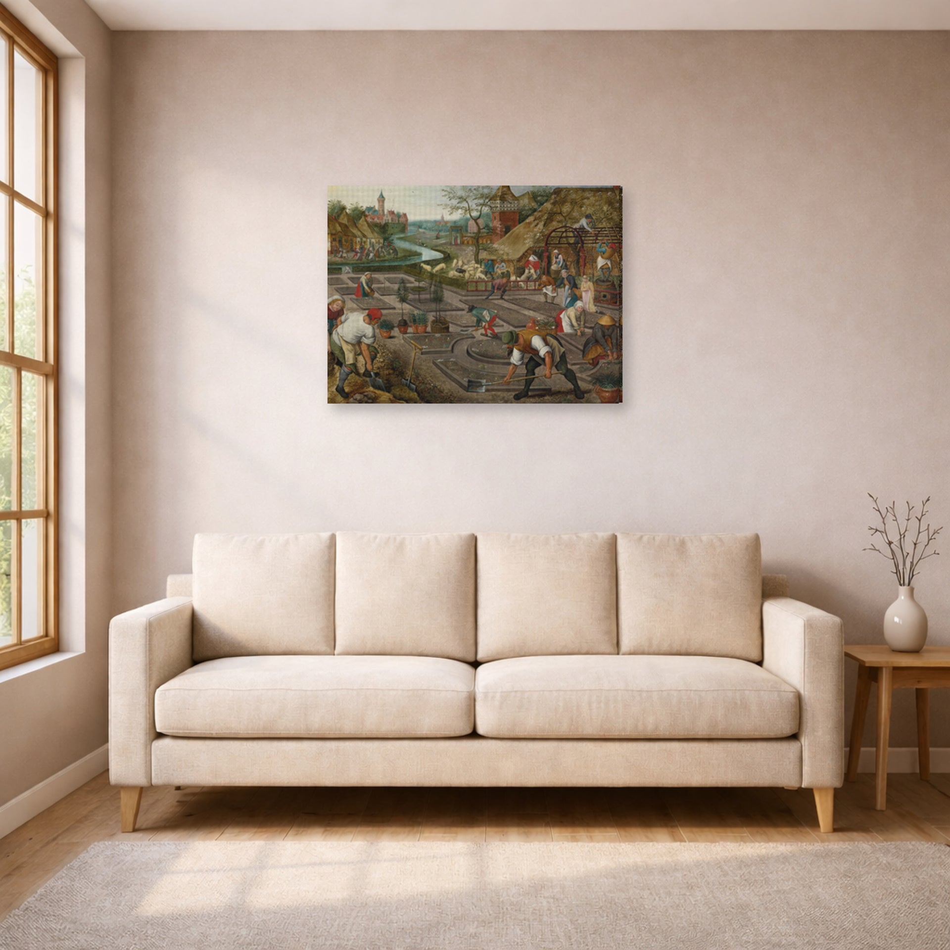 Gallery-wrapped canvas print of Pieter Bruegel the Elder's Spring displayed on a wall in a living room