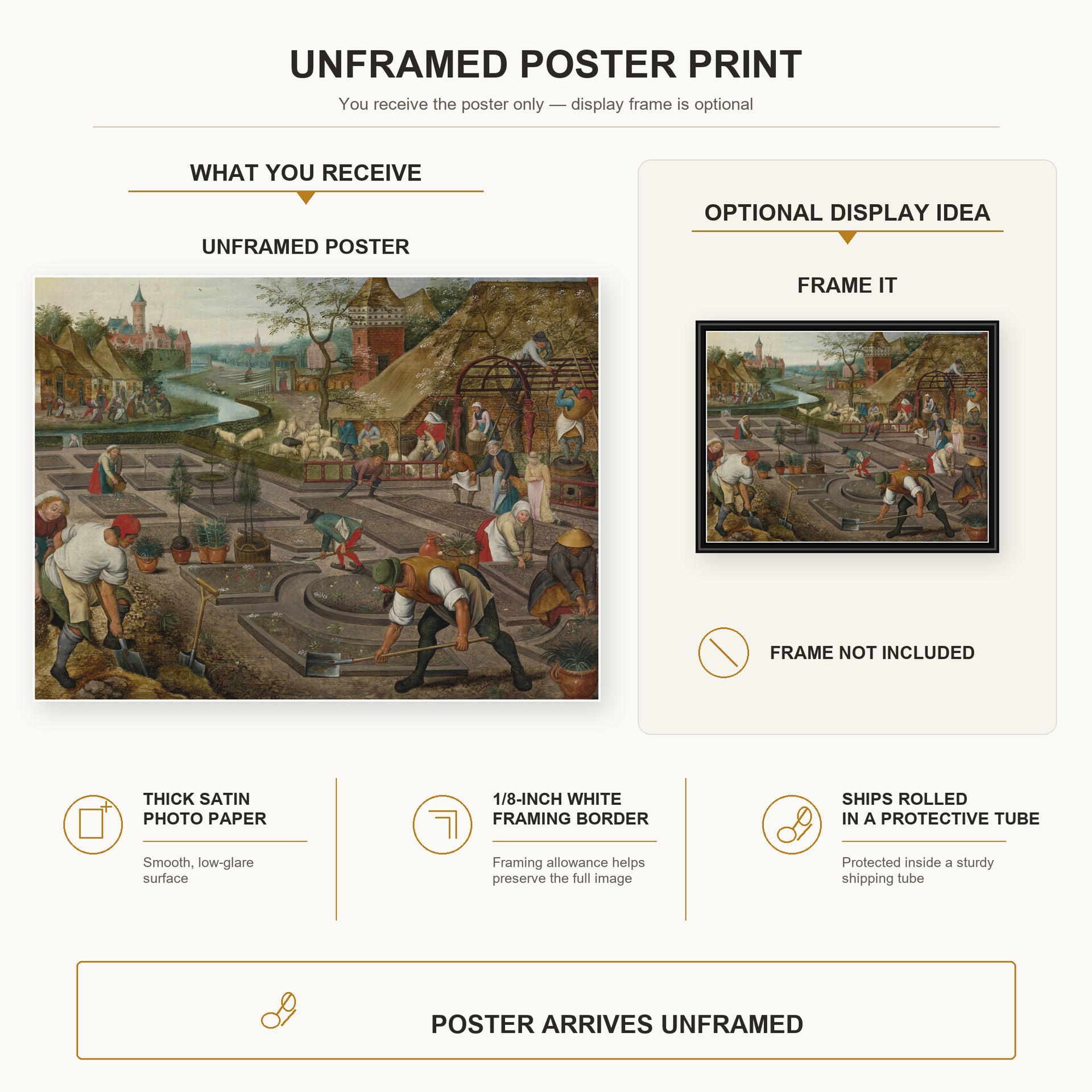Pieter Bruegel the Elder - Spring poster print size comparison and framing display infographic