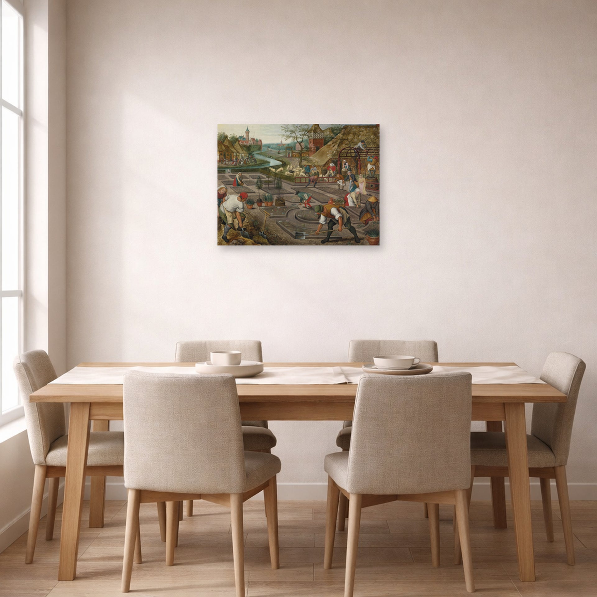 Unframed poster print of Pieter Bruegel the Elder's Spring displayed on a wall in a dining room